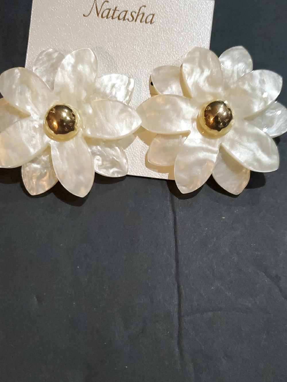 Natasha couture ivory layered dahlia flower style gold circle center earrings